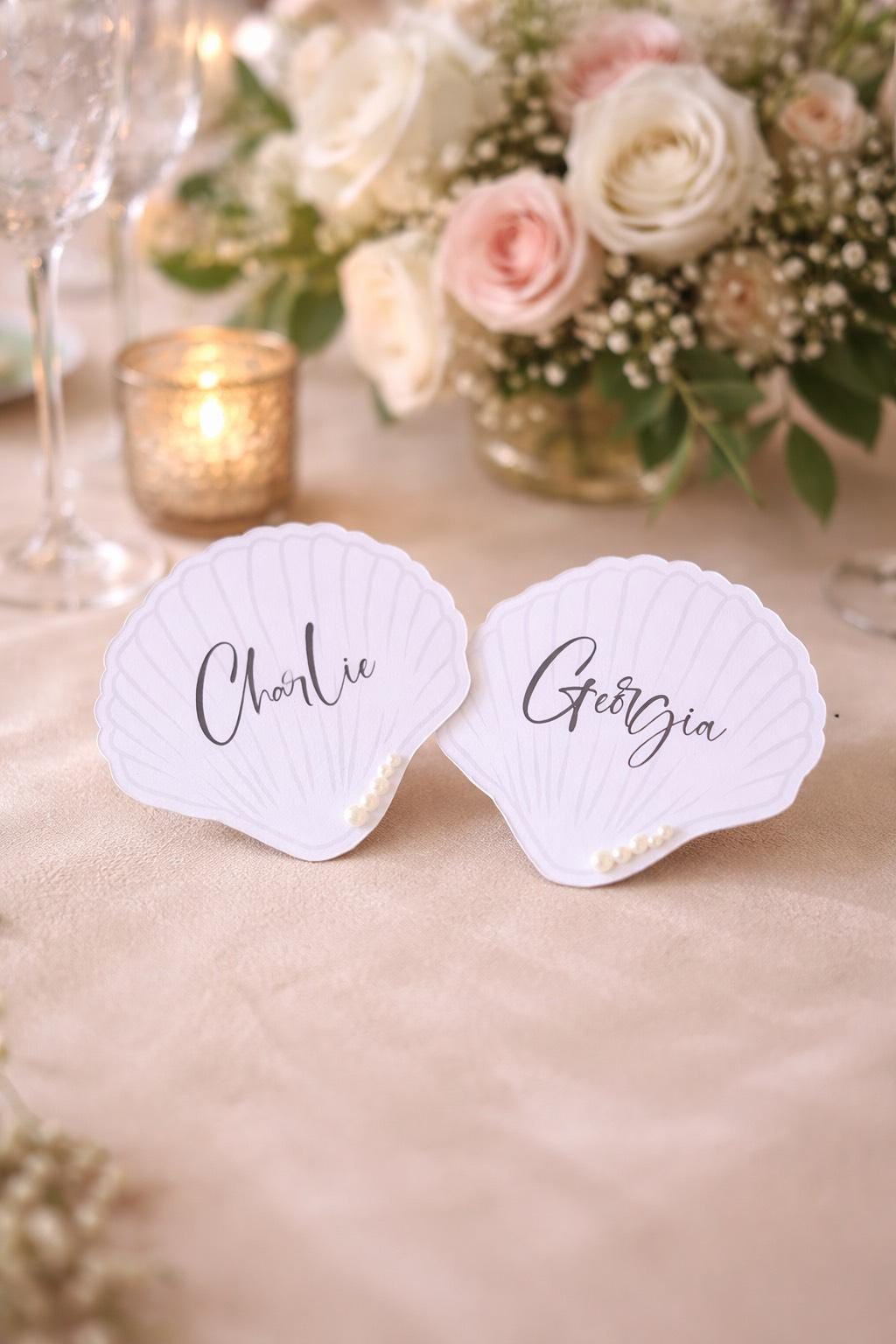 Wedding Pearl Name Cards, Shell Theme Name Cards, Wedding Beach Theme