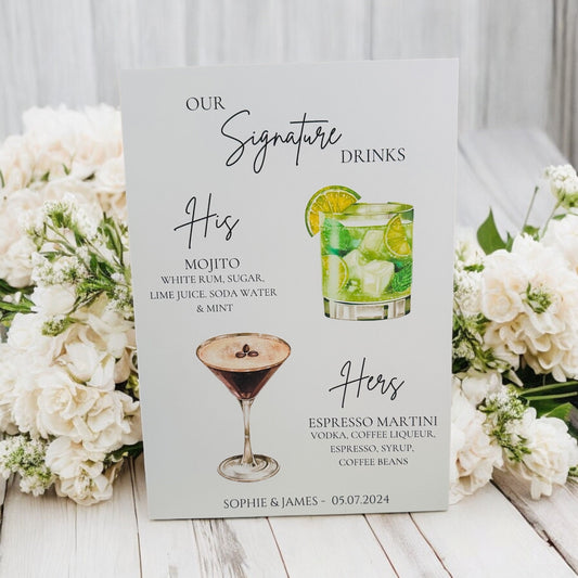 His and hers drinks, wedding drinks menu, wedding cocktail menu, wedding sign, signature cocktails