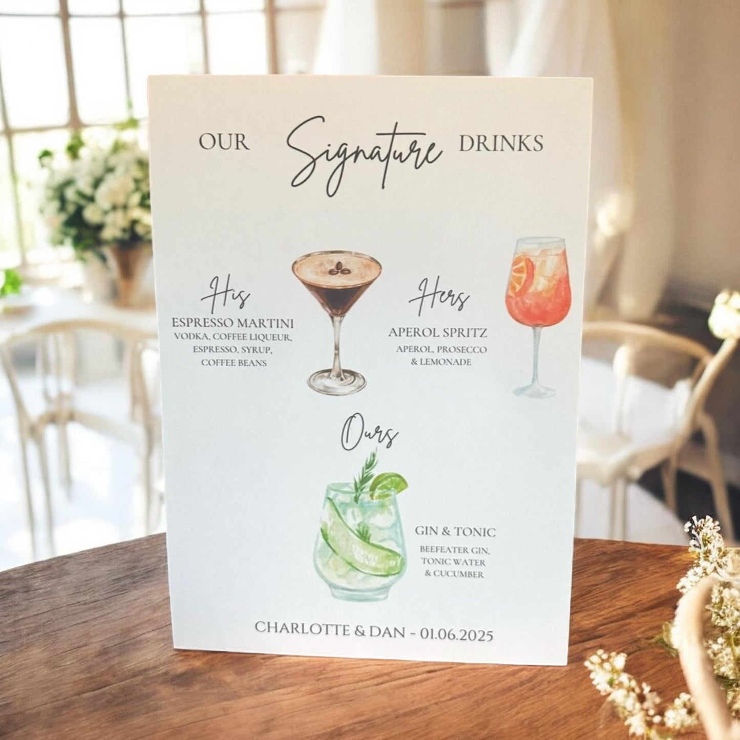 His and hers drinks, wedding drinks menu, wedding cocktail menu, wedding sign, signature cocktails