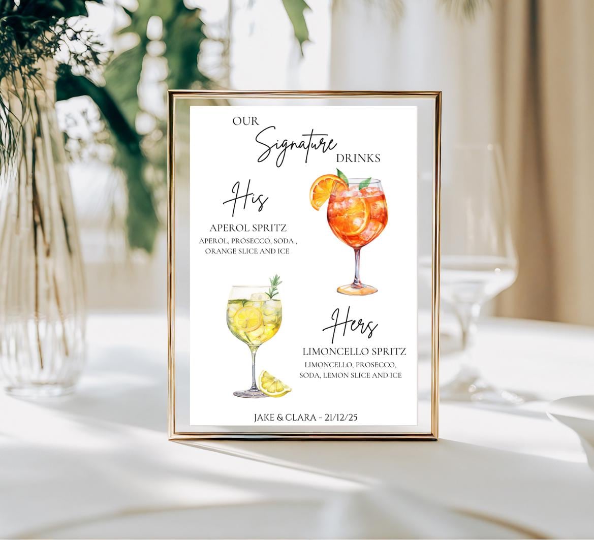 His and hers drinks, wedding drinks menu, wedding cocktail menu, wedding sign, signature cocktails