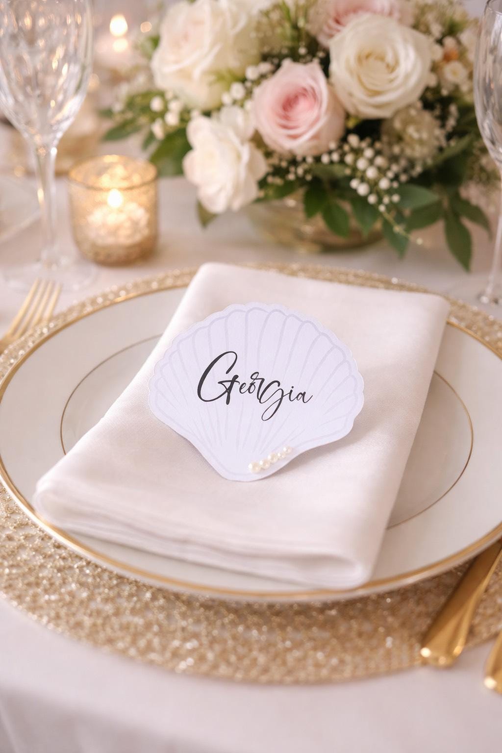 Wedding Pearl Name Cards, Shell Theme Name Cards, Wedding Beach Theme