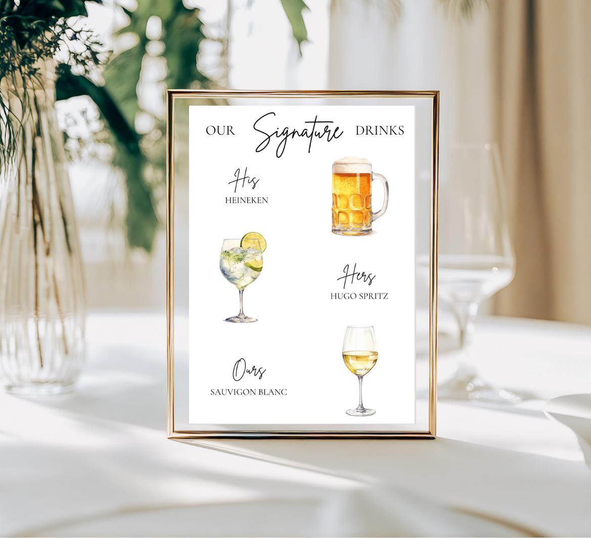 His and hers drinks, wedding drinks menu, wedding cocktail menu, wedding sign, signature cocktails