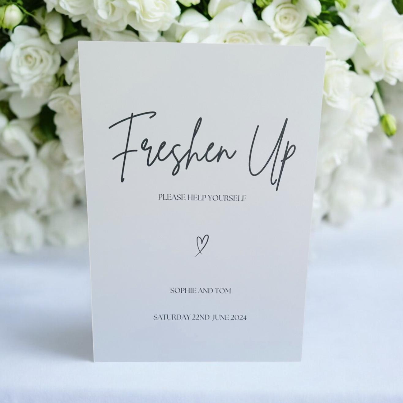 Minimalist Wedding Freshen Up Sign, Wedding Sign, Personalised Wedding Freshen Up Toilet Sign