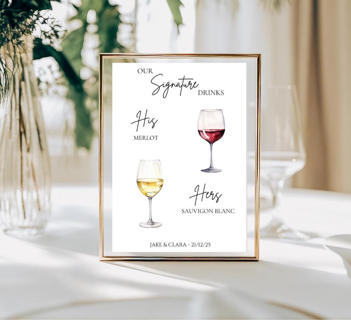 His and hers drinks, wedding drinks menu, wedding cocktail menu, wedding sign, signature cocktails
